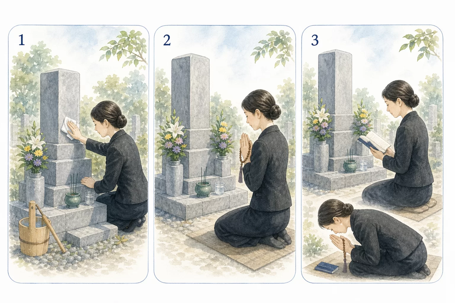 真言宗のお墓参りの流れ。墓石清掃とお供え、左手に数珠を持って合掌、読経と礼拝の3手順