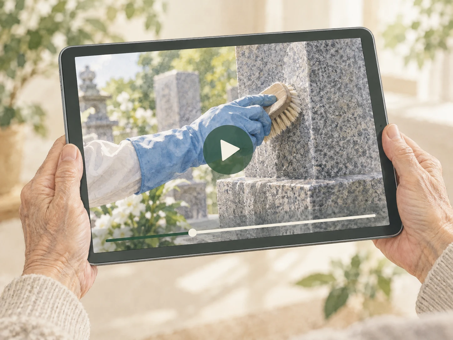 タブレットで墓石清掃の動画報告を確認する様子のイラスト