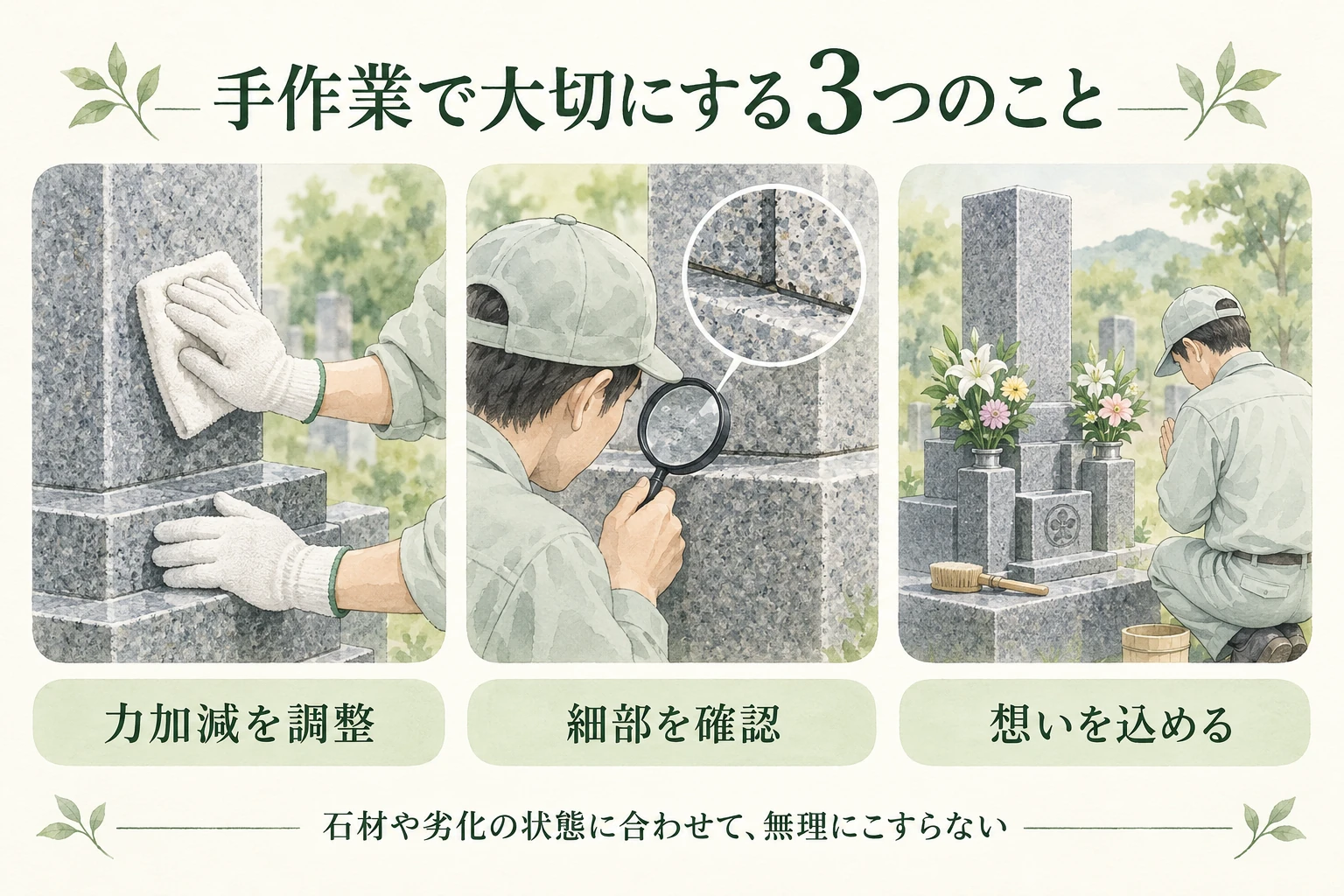 墓石の手作業清掃で大切にする、力加減の調整・細部の確認・想いを込める姿勢を示すイラスト